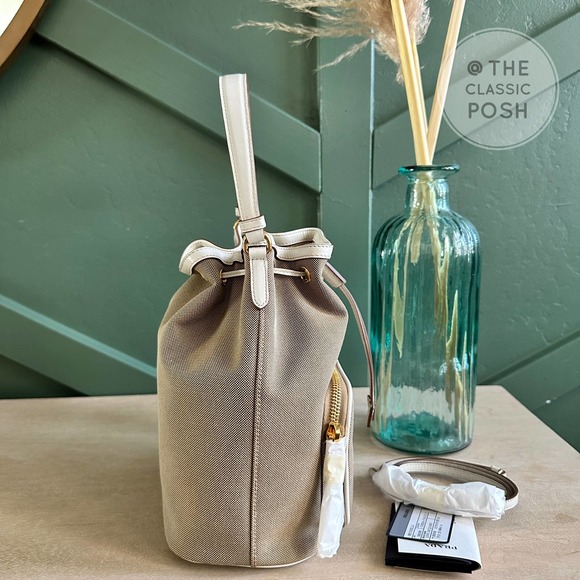 NEW Prada Jacquard Logo Bucket White Trim Canvas Tote  Crossbody Bag - Picture 2 of 11